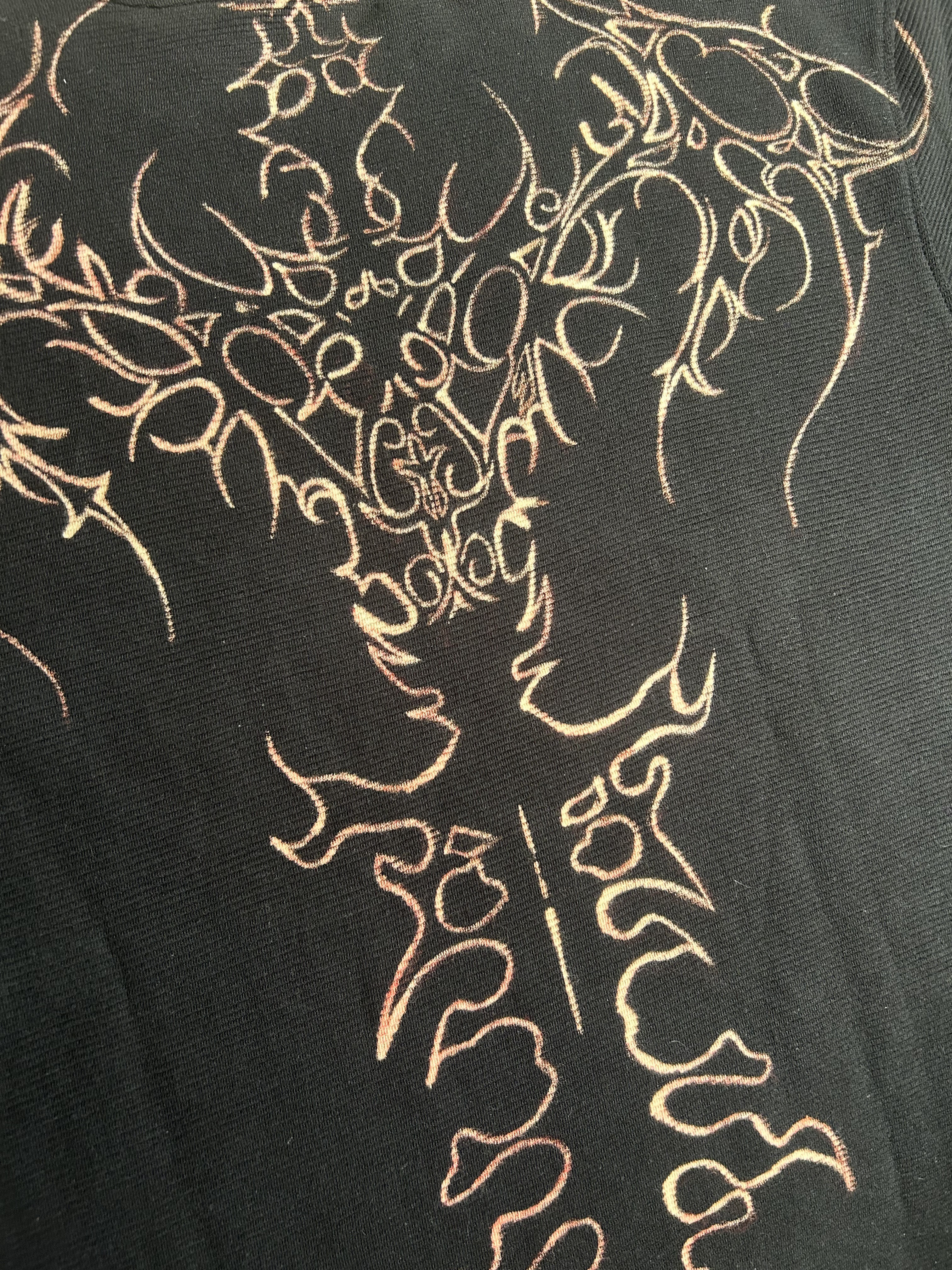 Bleach-faded detail on black cotton